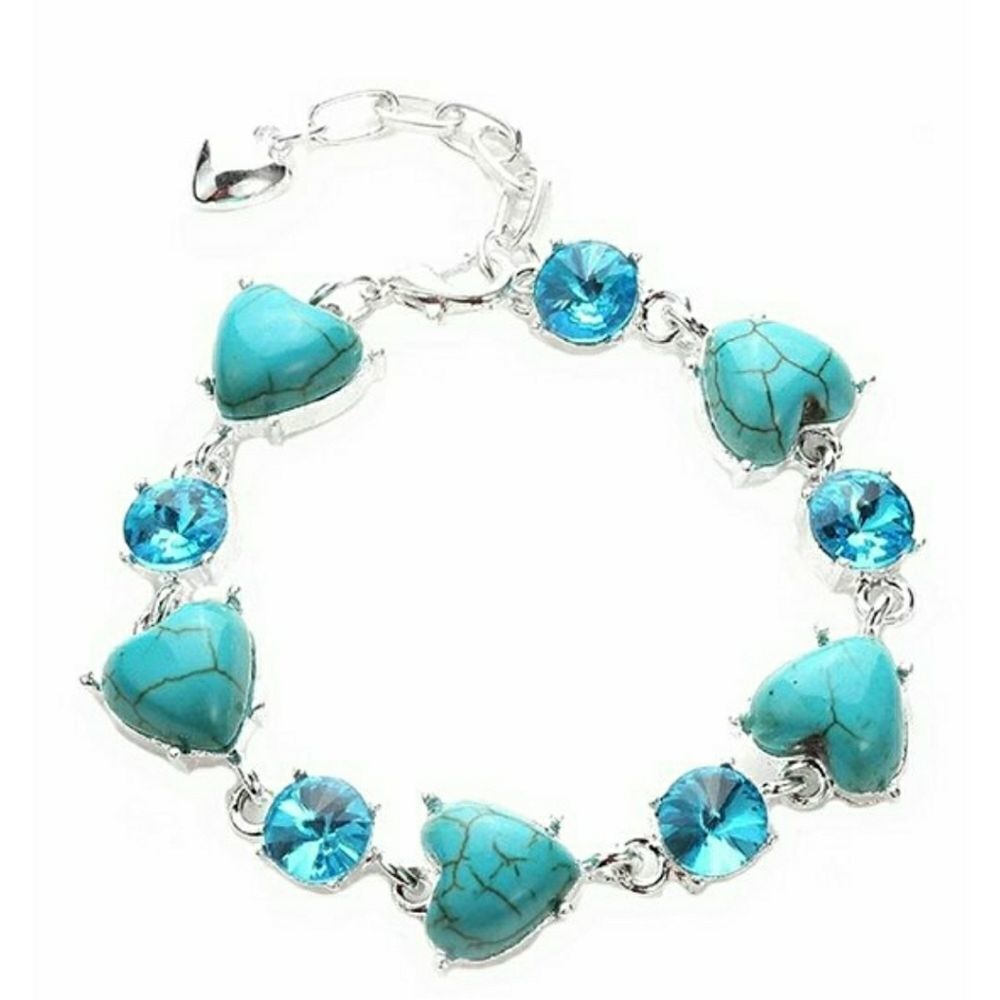Teal & Silvertone Heart Tennis Bracelet